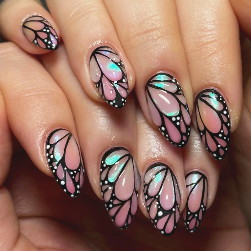 24pcs Black Purple Cat Eye Fake Nails Butterfly Water Drops Press on Nails Cool Punk False Nails