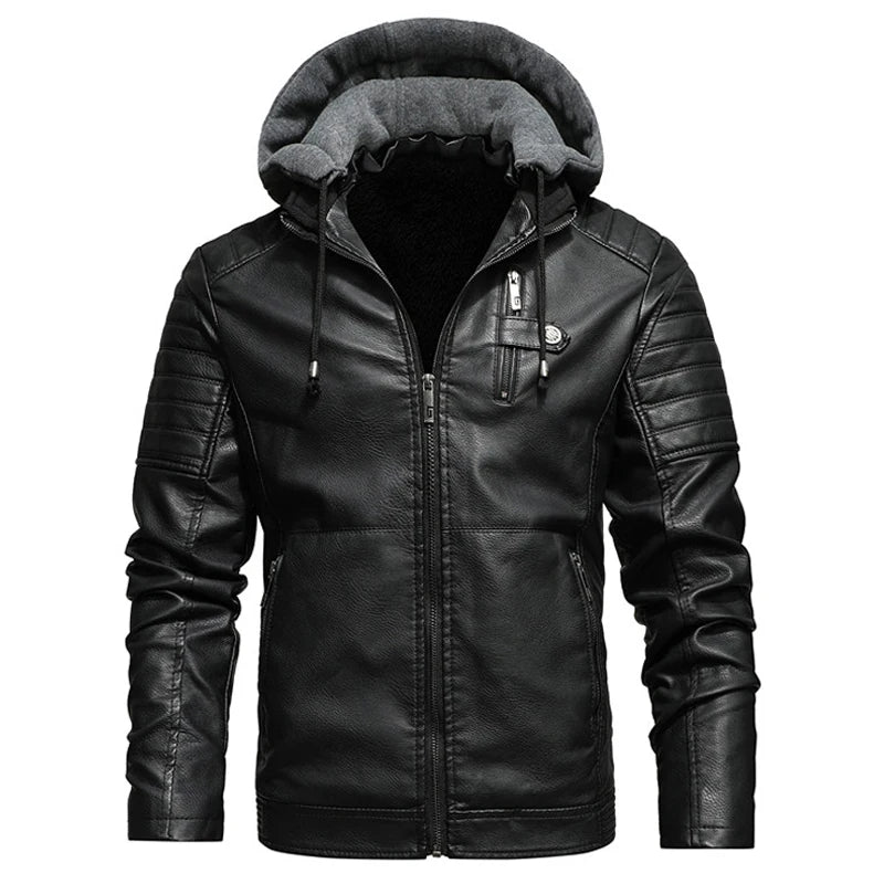 Motorcycle Hoodie Leather Jacket Men Solid Fleece Casual Windbreaker Jackets Slim Military Tactical Thick Coats Winter
