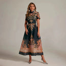Retro Court Paisley Dress Women Short Sleeve Floral Long Dress Elegant Classy