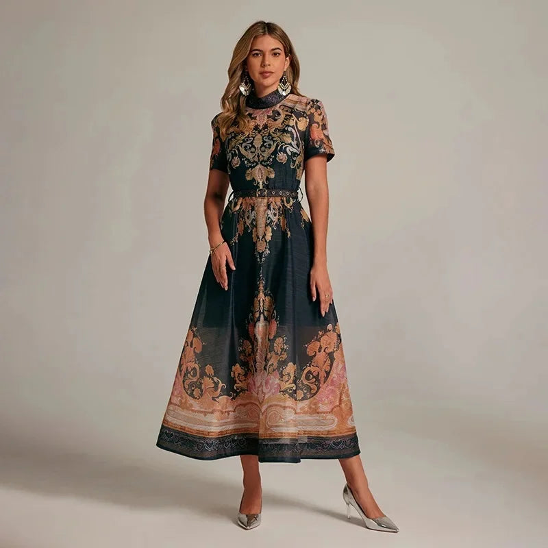 Retro Court Paisley Dress Women Short Sleeve Floral Long Dress Elegant Classy