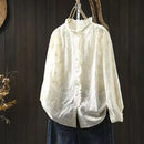 Women shirt elegant stand collar white flower embroidery shirts cotton long sleeve blouses Ladies clothing