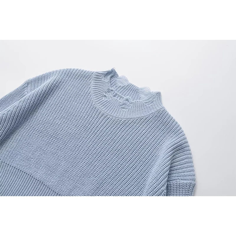 Autumn Women Vintage Lazy Hole Crop Knit Sweater Oversize Pullover Chic Top