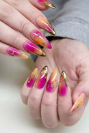 24PCS Gradient Almond Press on  Nails Pink French Nail Tip with Metallic Gold Star Nails