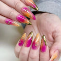 24PCS Gradient Almond Press on  Nails Pink French Nail Tip with Metallic Gold Star Nails