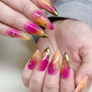 24PCS Gradient Almond Press on  Nails Pink French Nail Tip with Metallic Gold Star Nails