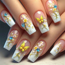 24pcs Plaid Pattern Nail Shimmery Gold Sequins Bowknots Designs False Nail With Press On Nail