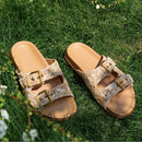 Women's Woven Slide Sandals With Double Gold Buckles Flat Slippers Summer Beach Shoes