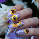 Nails with sunflower design against a floral background, Obroi
