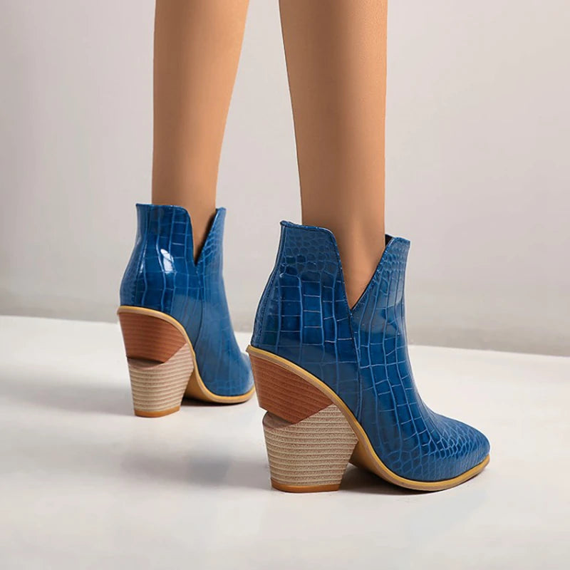 Lady Novelty Boots Texture Pointed Toe Slip On 10CM Strange Block Heel