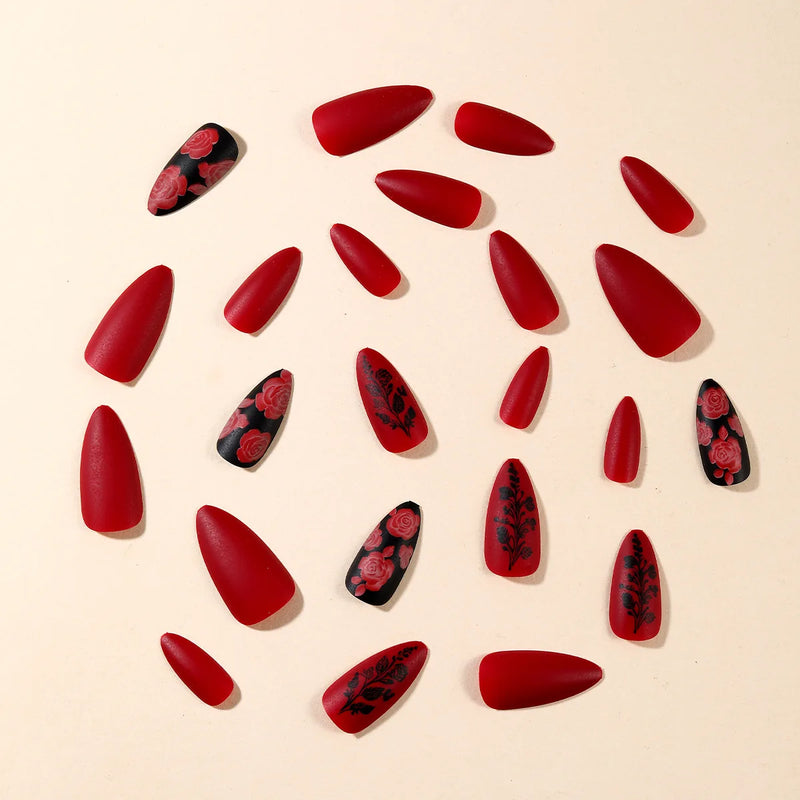 Autumn Winter Matte Almond Nails with Glue Rose Leaf Nail Art Simple Full Cover Press on Acrylic Nails Tips
