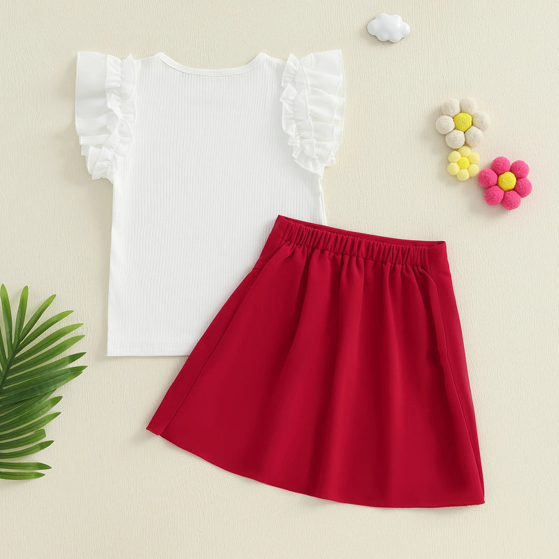Summer Flower Kids Girls Skirt Set Outfits Kids Party Sleeve Ribbed T-shirt with Floral Skirt Toddler Clothes