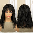 Black curly braided wig with straight bangs, shown on a mannequin head from the front and back. The brand name 'Obroi' is visible in the top left corner.
