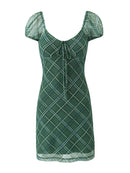 Women Sweet Plaid Elastic Mesh Mini Dress Slim Backless Chic Puff Sleeve Short Dresses