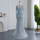 Luxury Dubai Blue Mermaid Evening Dress with Belt Long Sleeves Beaded Women Wedding Formal Party Gowns