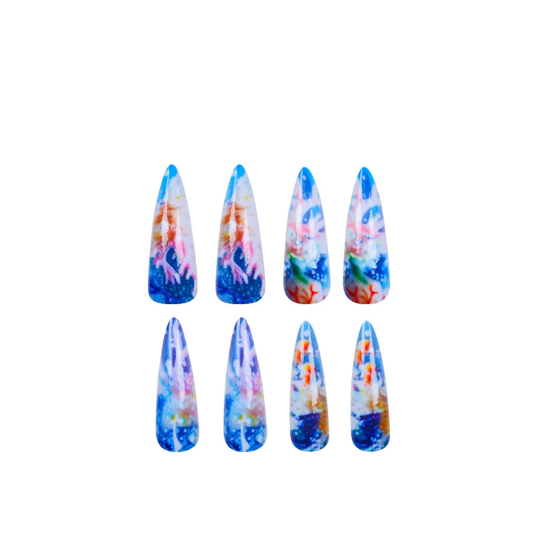 Summer Fresh False Nails Tips Long Almond Cute Press On Nails Ocean Series Wearable Fake Nail