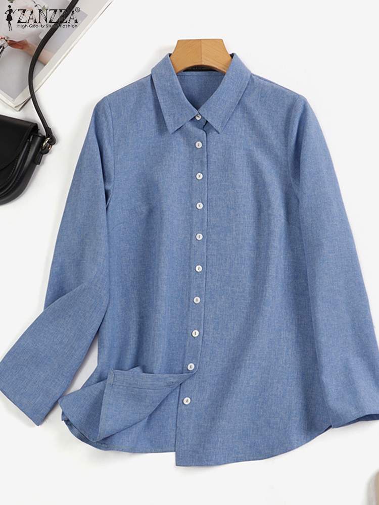 Women Long Sleeved Shirt Solid V-Neck Button Down Tops Casual Vintage Streetwear Blouse Office Tops