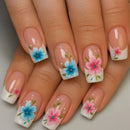 Medium Square nails for women girls Flowers butterfly flora edge tips press on nail art set