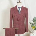 Maroon pinstripe suit on a mannequin with ST Cassy branding, Obroi
