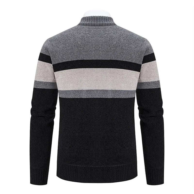 Autumn Winter Striped Cardigan Men Slim Knitted Sweaters Outerwear Mens Stand Collar Zipper Knitting