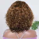 Curly brown wig on a mannequin head with a white background, Obroi