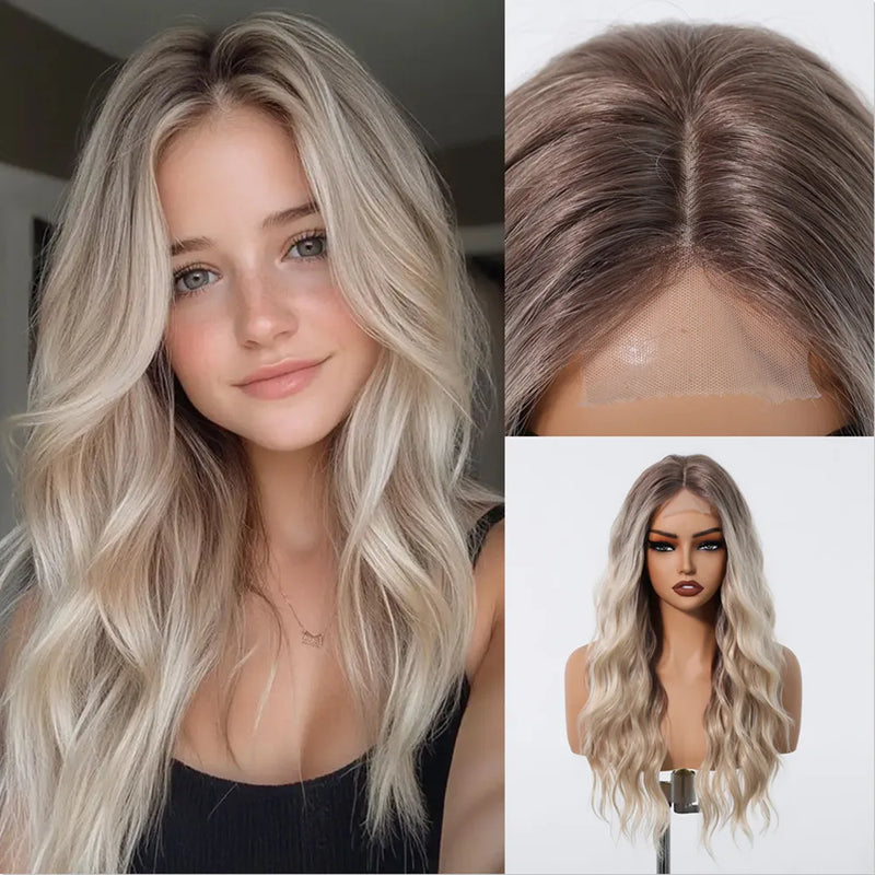 Blonde Wigs Long Wavy Wig with Lace Hairline for Women Party Fiber Soft Hair