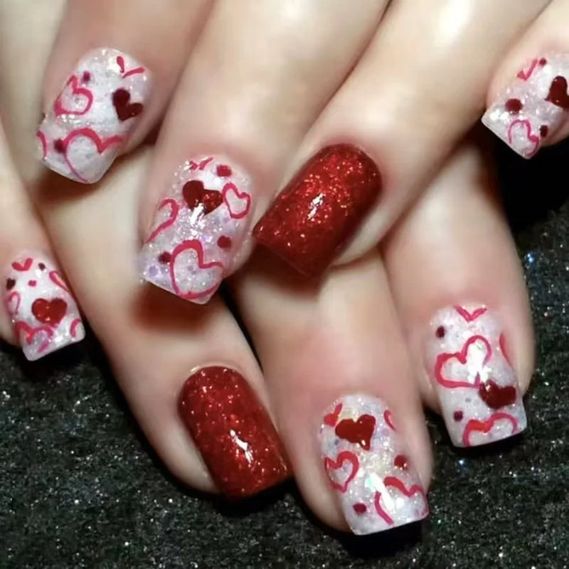 Nail Gradient Glitter Design Fake Nail Tips Ins Artificial Wearable Valentine’s Day Press on Nails
