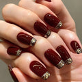 24Pcs Glitter French False Nails Wearable Red Ballet Fake Nails Retro Simple Full Over Press on Nails with Jelly Glue Detachable