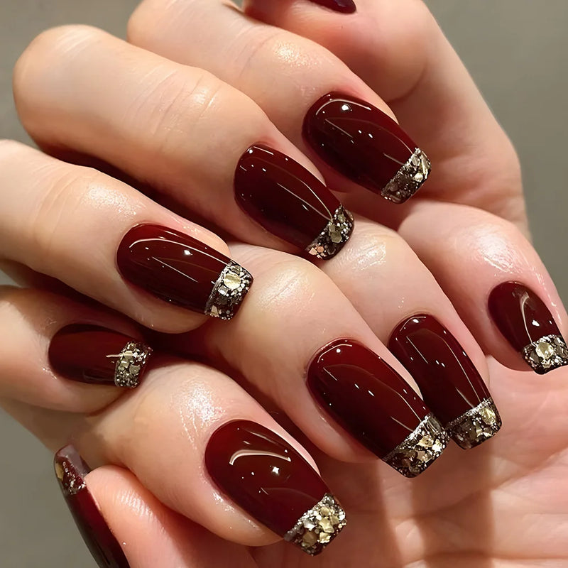 24Pcs Glitter French False Nails Wearable Red Ballet Fake Nails Retro Simple Full Over Press on Nails with Jelly Glue Detachable