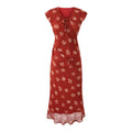 Summer Floral Red Dresses Short Sleeve V Neck Women Dress Elegant Holiday