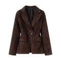 Retro Women Suede Blazer Notched Lapel Double Breasted Fitted Waist Seam Detail Suit Jacket