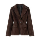 Retro Women Suede Blazer Notched Lapel Double Breasted Fitted Waist Seam Detail Suit Jacket