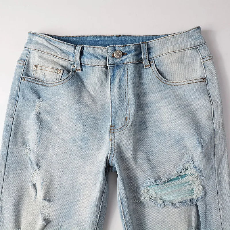 American Style High Street Light Blue Ripped Jeans Men's Pic Slim-fit Stretch Ripped Skinny Pants