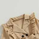 Children Girl Trench Coat Ruffled Solid Long Sleeve Lapel Double Breasted Khaki Windbreaker with Belt