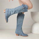 Ladies' Pointed Toe Denim Knee-High Boots – Slip-On with Square High Heels and Buckle, Top Sale