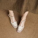 Female Sandals Square Toe Heels 3.5cm Buckle T-Strap Breathable Mesh Casual Shoes