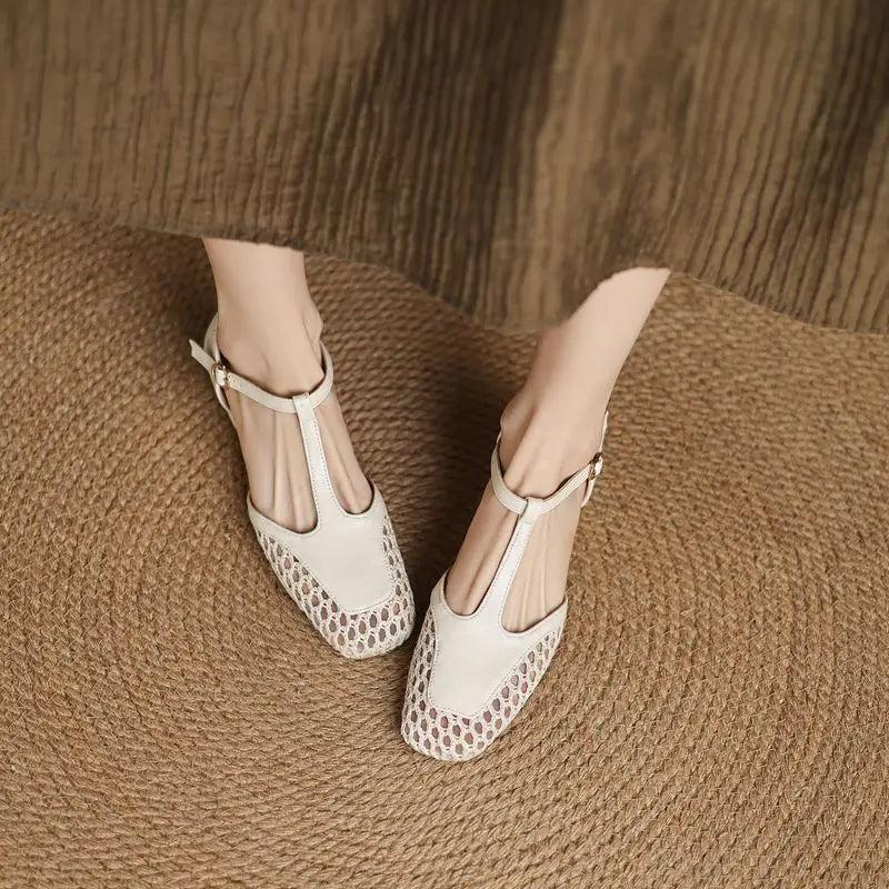 Female Sandals Square Toe Heels 3.5cm Buckle T-Strap Breathable Mesh Casual Shoes