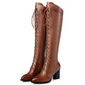 Women's Leather Knee High Boots With Thick Heels Warm Fleece Lining Casual Shoes