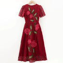 Spring Women's Round Neck Short Sleeve Hollow Embroidered Waist cinching Dress