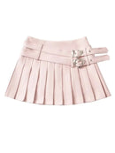 Women Summer  Slim Pleated Cute Chic Heart Belt Mini Skirt Streetwear