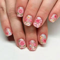 24pcs Shiny Short Fake Nails Art Spring Summer Rose Flower Design Press on False Nails Tips Pink Ballet Reusable Stick on Nail