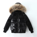 Black winter jacket with fur-lined hood on a white background, Obroi