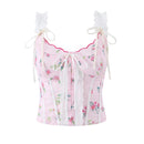 Pink floral corset top with lace details on a white background, Obroi
