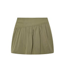 An olive green athletic mini skirt with a wide elastic waistband and gathered front pleats, shown against a plain white background with the brand name Obroi in the top left corner.