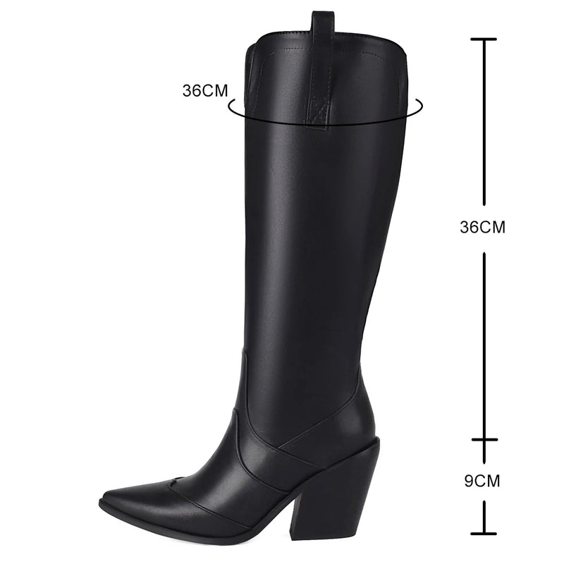 Retro Denim Western Women Knee High Boots Wedges  Autumn Winter Pointed Toe Woman Shoes