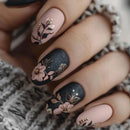 Nails with floral design on a textured fabric background, Obroi
