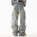 Men's Denim Pants Pleated Large Pocket Straight Jeans Loose Wide Leg Male Trousers