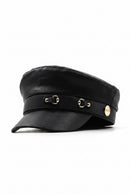 Black leather cap with gold accents on a white background, Obroi