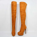 Pair of tan over-the-knee high-heeled boots on a white background with 'Obroi' branding.