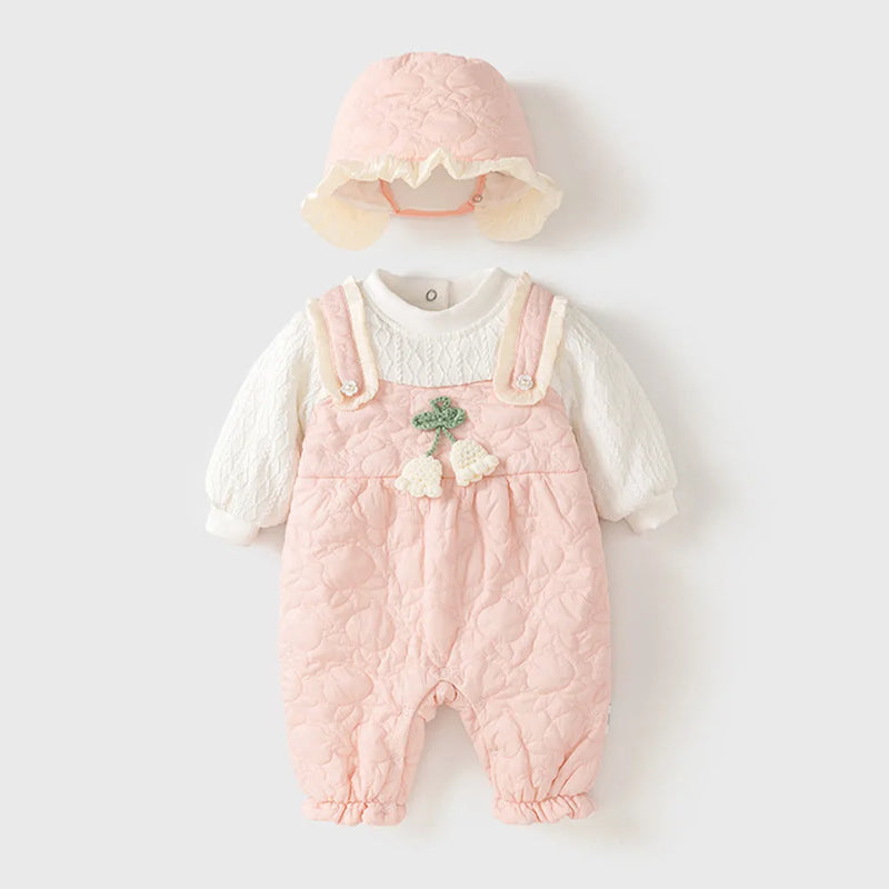 Winter Baby Clothes Newborn Girls Rompers Lantern Sleeve Velvet Embroidery Cute Toddler Jumpsuits with Hat 0-2Y