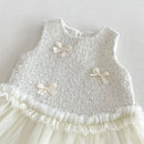 Fall Winter Girls Tweed Style Dress | Bow Tulle Princess Gown | Thick Party Dress
